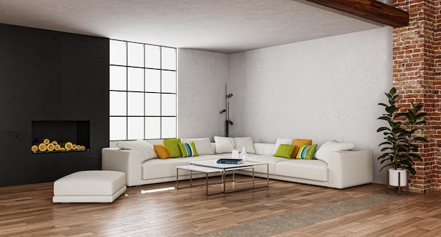 Illustrazione rendering 3d interni luminosi moderni di lusso di grandi dimensioni soggiorno mockup computer immagine generata digitalmente