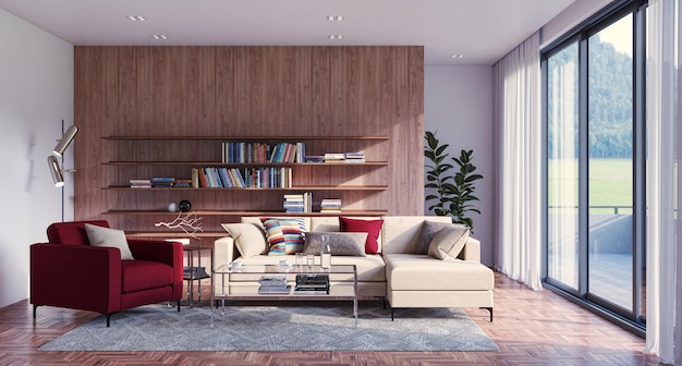 Illustration 3D rendering large luxury modern bright interiors Living room mockup computer digitally generated image