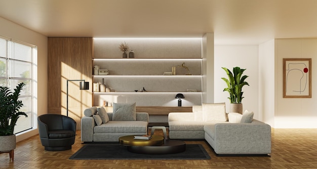 Illustration 3D rendering large luxury modern bright interiors Living room mockup computer digitally generated image