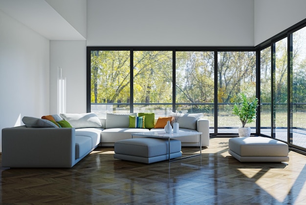 Illustration 3D rendering large luxury modern bright interiors Living room mockup computer digitally generated image