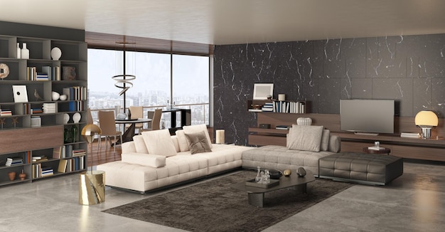 Illustration 3D rendering large luxury modern bright interiors Living room mockup computer digitally generated image