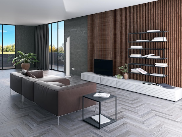 Illustration 3D rendering large luxury modern bright interiors Living room mockup computer digitally generated image