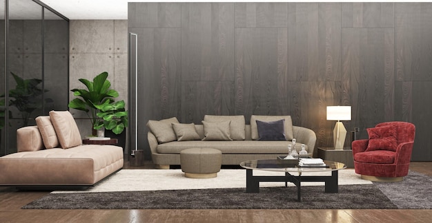 Illustration 3D rendering large luxury modern bright interiors Living room mockup computer digitally