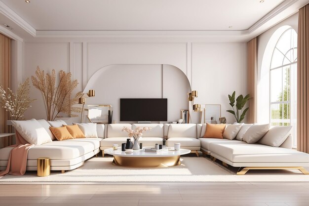 Иллюстрация 3d, отображающая большие роскошные современные яркие интерьеры, модель гостиной на компьютере в цифровом виде
