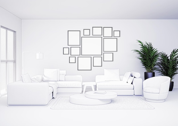 Illustration 3D rendering large luxury modern bright interiors Living room with frames mockup computer digitally generated image