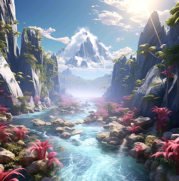 An illustration 3d river with a mountain in the background