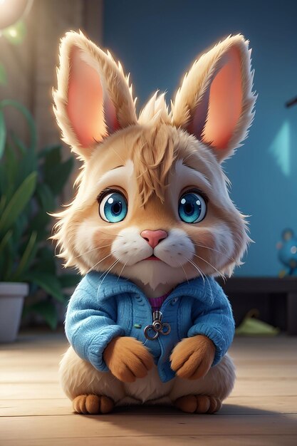 Illustration 3d small super cute bunny with big eyes generative ai