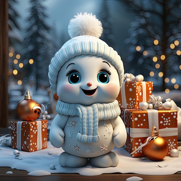 Иллюстрация 3D-снежного человека с рождественским фоном, сгенерированная ИИ
