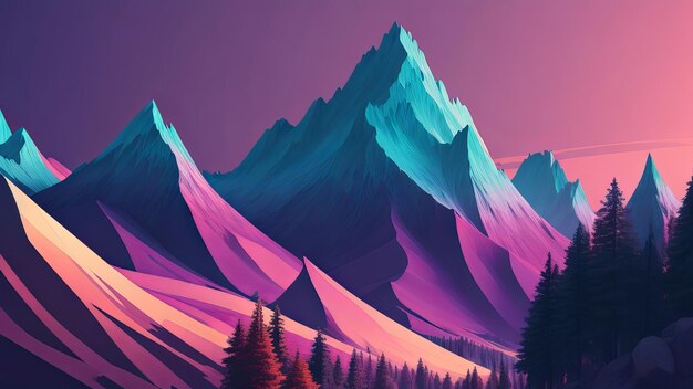 Illustration 4k abstract mountain trees Digital Wireframe colorful abstract background Generative AI