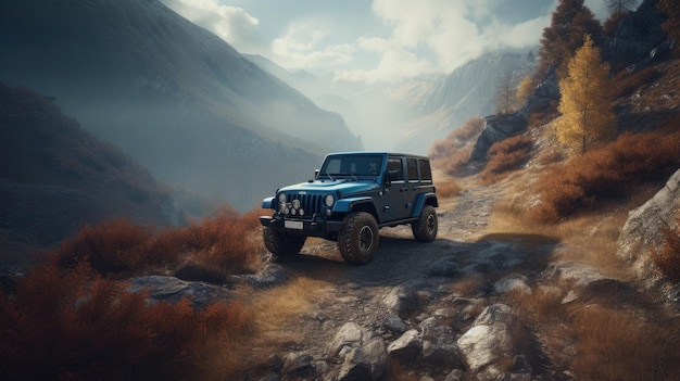 Illustration of a 4x4 Jeep climbing a mountain 3d realistic