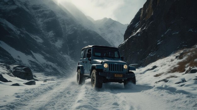 Illustration of a 4x4 Jeep climbing a mountain 3d realistic