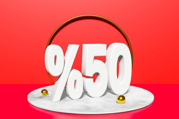 Illustration of 50 percent discount in 3D illustration white color with red background and copy space