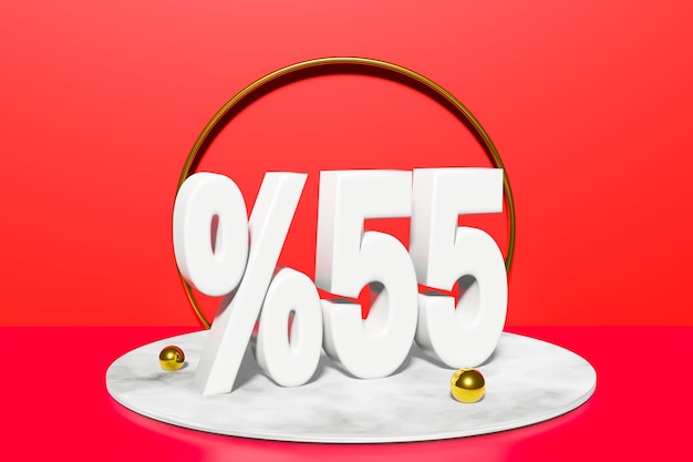 Photo illustration of 55 percent discount in 3d illustration white color with red background and copy space