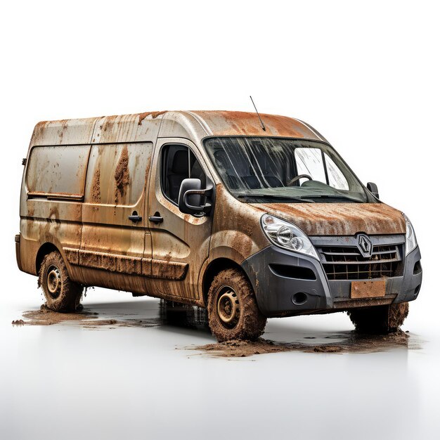 Photo illustration 76 rusty and muddy van with clean gravel surrounding