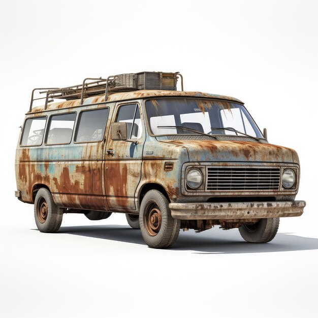 Photo illustration 76 rusty and muddy van with gravel surrounding