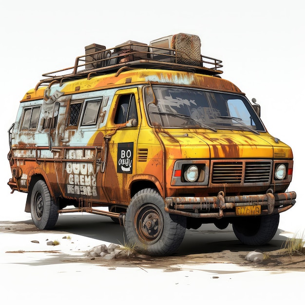 illustration the 76 van muddy rusty and gravel surrounding