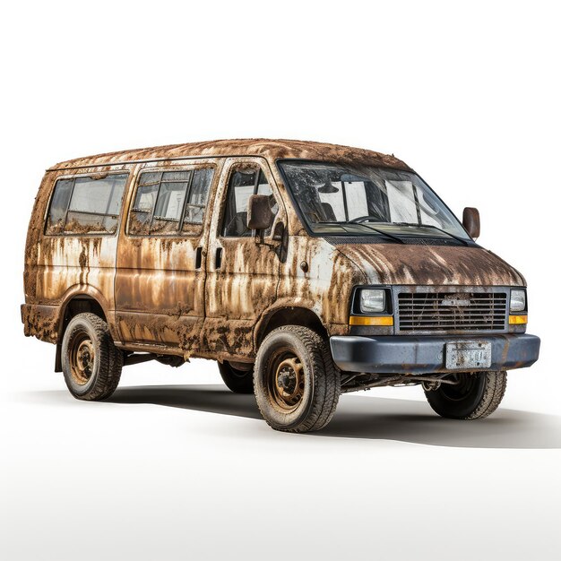 Photo illustration the 76 van muddy with rusty gravel surrounding