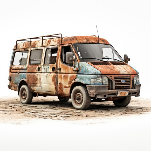 Photo illustration the 76 van rusty muddy surrounded by gravel