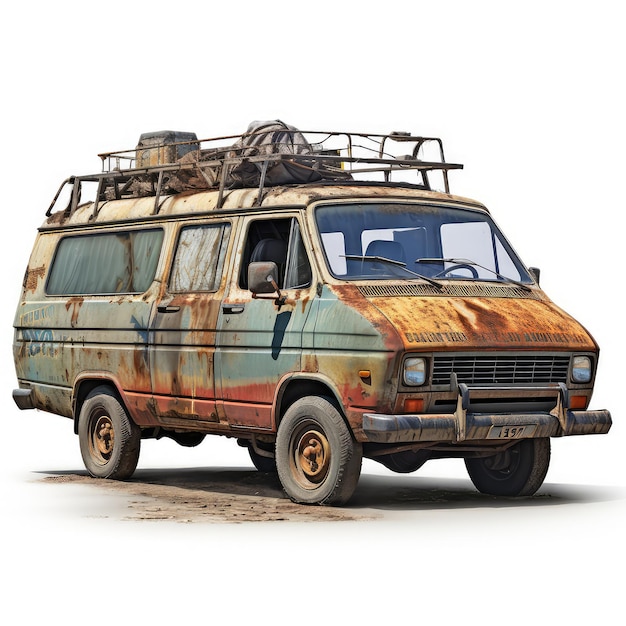 Photo illustration 76 van rusty and muddy with gravel surrounding