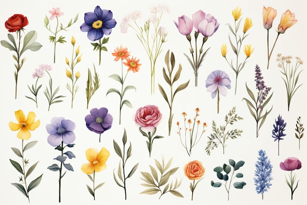 illustration of 80 different beautiful simple watercolor floral illu