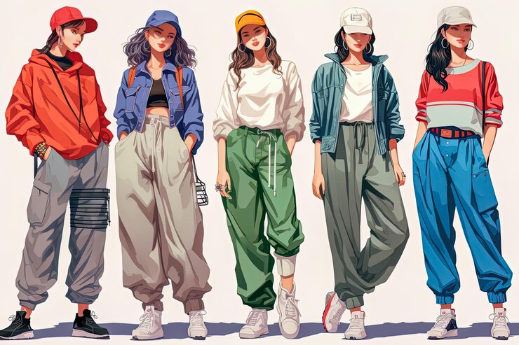 Photo 90 年代のストリート ファッション ジーンズ ブラウス帽子の明るい色と抽象的な形のイラスト