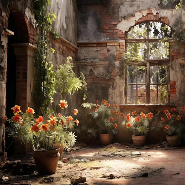 An illustration of an abandoned greenhouse with overgrown plants