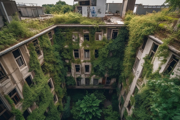 Illustration of abandoned postapocalyptic city overgrown with lush vegetation