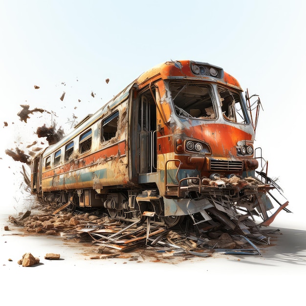 버려진 열차와 파괴된 도시 황무지를 보여주는 일러스트레이션