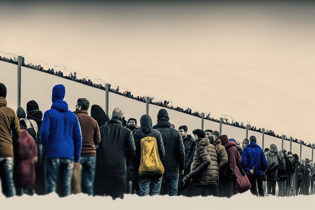 Сгенерирована иллюстрация об иммиграции в Европу очереди людей, ожидающих пересечения границы.