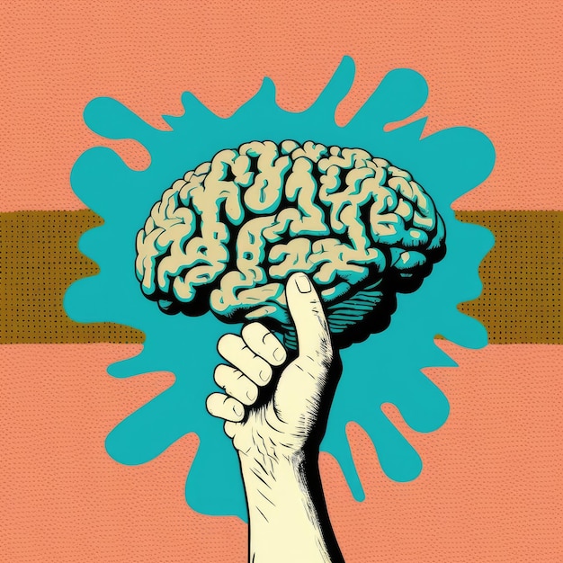 Иллюстрация о концепции Всемирного дня психического здоровья Человеческая рука держит мозг на красочном фоне Генеративный ИИ