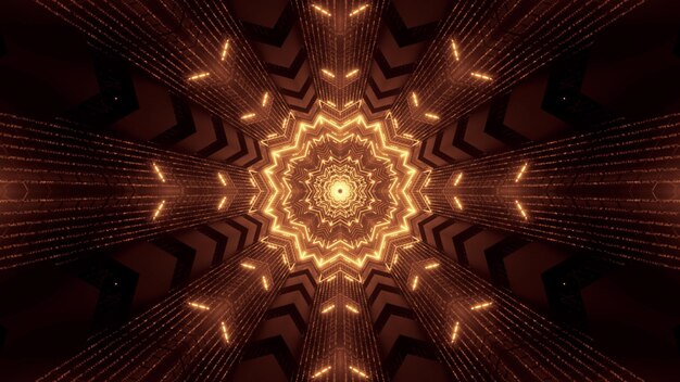 Иллюстрация абстрактного фона симметричного орнаментального коридора с яркой подсветкой сепией