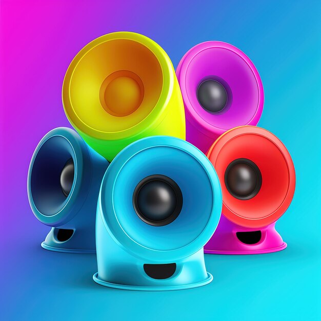 Photo illustration of an abstract colorful loudspeakers on a purple blue background