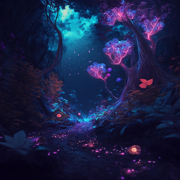 Illustration of abstract fantasy landscape with crystals and glowing path in forest generative ai