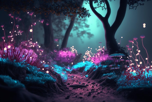 Illustration of abstract fantasy landscape with crystals and glowing path in forest Generative AI