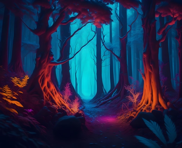 illustration of abstract fantasy landscape with glowing path in forest generative ai