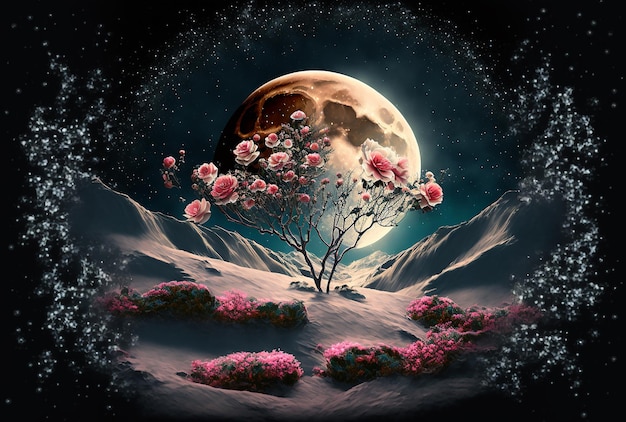 Illustration of an abstract fantasy landscape with pink roses in snow moon and milky way stars Generative AI