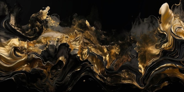 Illustration of abstract fluid golden waves on dark background Created with Generative AI technology