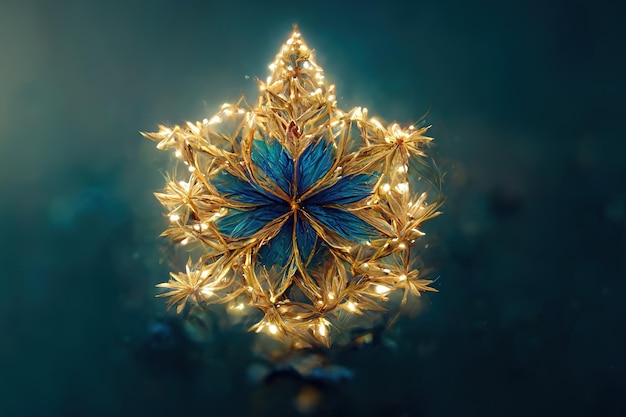 Illustration of abstract golden snowflake shining on the background of a garland