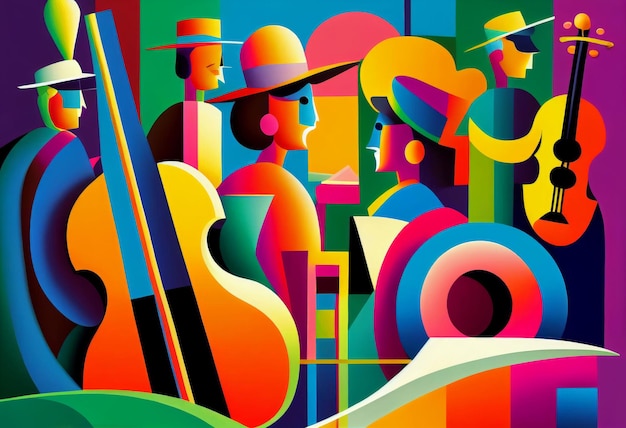 Illustration of abstract musician play music on big concert Created with Generative AI technology