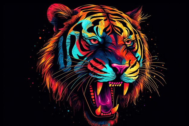 Foto illustrazione di una abstratta tigre grugnante al neon in stile pop art su uno sfondo nero ai generativa