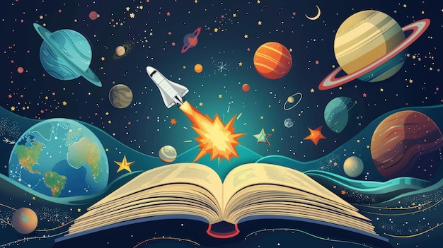 Фото Иллюстрация резюме открытой книги с элементами ракеты и космоса плоский фон стиля генерированный ии