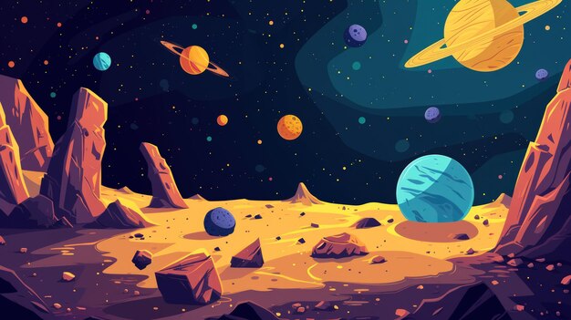 Photo illustration abstract outer space desert with rocks and yellow crater generated ai image