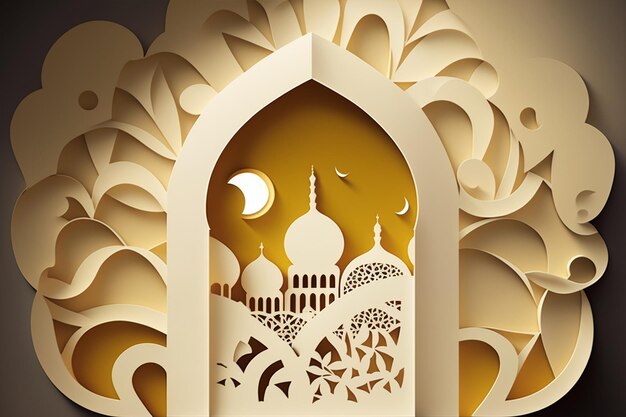 Illustration of abstract paper cut mosque crescent pattern window and street for greeting card Generate Ai