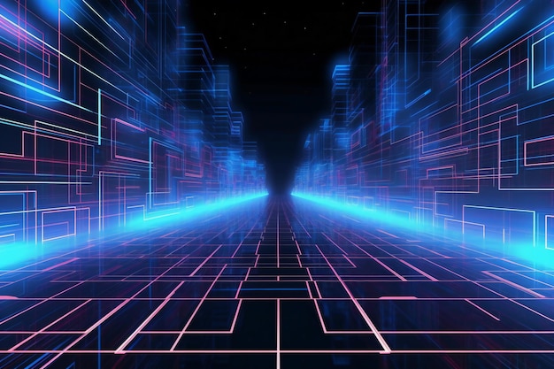 Photo illustration of abstract technology background with glowing neon lines and lights