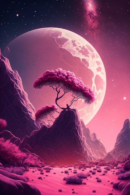 Illustration of an abstract vertical fantasy landscape in pink with moon and milky way stars Generative AI