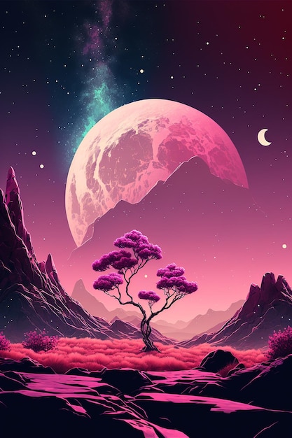 Illustration of an abstract vertical fantasy landscape in pink with moon and milky way stars Generative AI