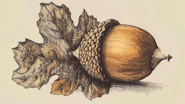An illustration of an acorn with its cap and a leaf The acorn is brown and the leaf is green