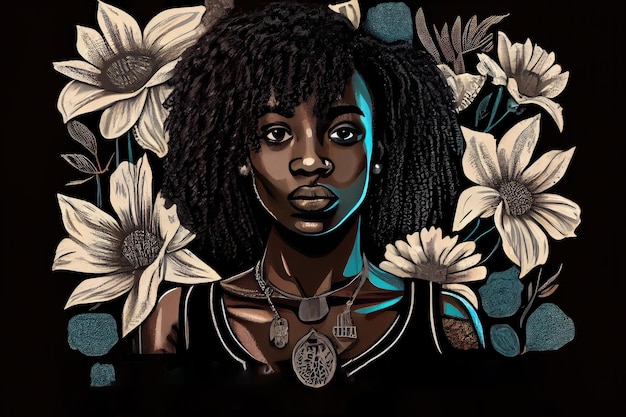 Illustration of activism for Black Lives Matter resisting racism and striving for equal treatment Woman portrait against black flower background