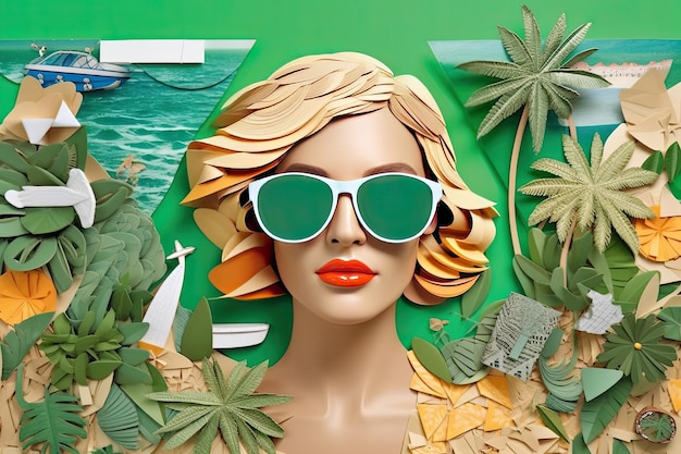 An illustration of an ad with a beach and a woman in sunglasses on a green background in the style of surreal collage landscapes made of cardboard Generative AI