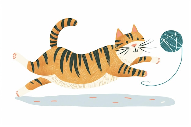 Illustration of an adorable striped cat chasing a blue ball of yarn with joy and playfulness